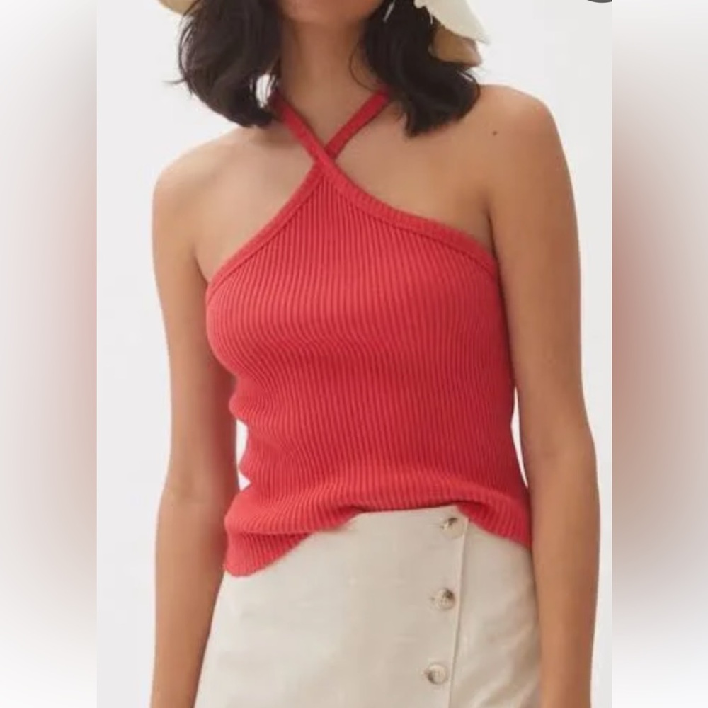 T.La for Anthropologie Red Ribbed Cross-Neck Tank Top Size Small